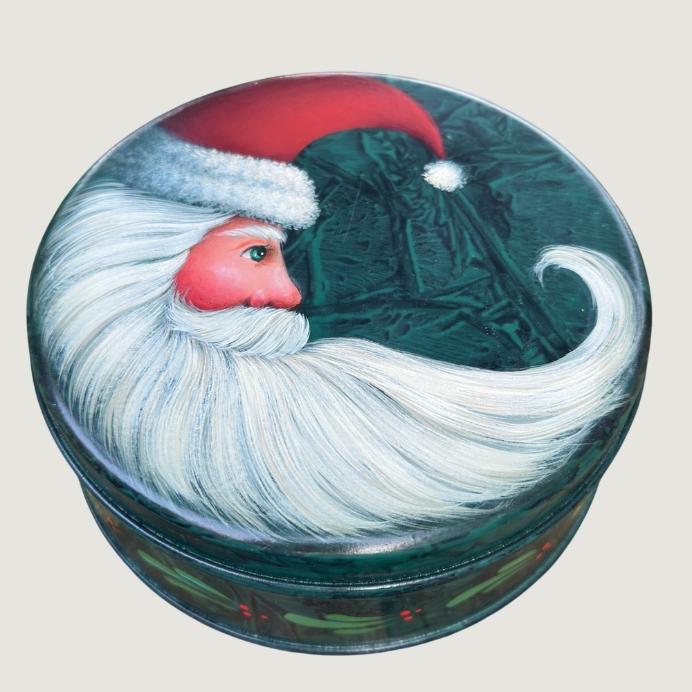 Vintage Hand Painted Santa Claus Tin Folk Art Christmas Cottagecore Cookie Box